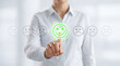 © SmartTech - Business professional selecting a glowing green smiley face icon for customer feedback survey