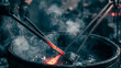 © 亚磊 崔 - anvil. Blacksmith quenching red-hot metal in a water barrel, steam billowing. safety posters, maintenance manuals, designed for industrial assembly lines and welding operations, used by engineers.