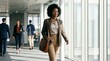 © Sibi Creates - Confident young Black businesswoman walking through bright modern office hallway with laptop bag