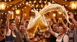 © PixelVision Studio - Beer steins clinking with explosive foam splash in crowded festival tent