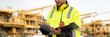 © Yellow Boat - Industrial engineer holding a check list clipboard and walkie-talkie at an offshore energy platform. Concept of workplace safety compliance, power infrastructure, and professional engineering