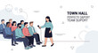 © Sammy - Diverse audience attending town hall meeting with speaker asking questions and receiving answers, communication concept