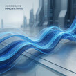© Vision Atlas - Abstract blue flowing waves with futuristic city architecture background for corporate innovation concept.