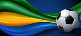 Brazil - inspired football banner with flowing green, yellow, and blue gradient waves and soccer bal