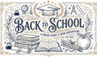 © Asad - Back to school illustration with graduation cap, books, and apple on white background with gold and black decorative elements for a fresh start and new adventure in education.