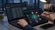© Haruto - Person using tablet and laptop to manage artificial intelligence cybersecurity network, digital data protection concept with brain icon and padlocks on screen in modern workspace