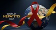 © FOJOL - World hepatitis day graphic with a globe and red awareness ribbon on a dark blue background view
