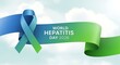 © FOJOL - World hepatitis day 2026 banner with blue and green awareness ribbon against cloudy sky background.