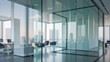 © artisticdesign-001 - Modern glass office partitions in open plan corporate workspace with city skyline view
