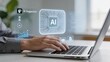 © Wei - Person typing on laptop with artificial intelligence AI chip hologram projection, machine learning technology, automation software suggestion, future computing concept, neural