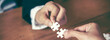 © aFotostock - Banner Implement puzzle improve communication solve synergy team connection plan trust strategy. Piece of jigsaw assembly with copy space. Banner Business connections strategy synergy team solution