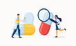 © Mushtaq - medical research concept vector illustration with capsule pill magnifier and healthcare professionals analyzing medicine