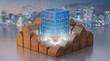 © 병권 임 - Urban redevelopment and real estate project concept with 3D illustration of a glowing blue wireframe building hologram rising from miniature wooden houses