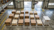 © starush - Overhead warehouse staging with eco pallets and mycelium packaging grid