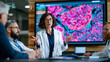 © Maksym Tereshchenko - Digital pathology consultant presenting a whole-slide annotated tumor margin image during a multidisciplinary tumor board meeting, large conference room screen displaying zoomed histology with marku