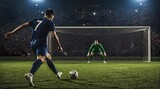 Soccer Player Takes Penalty Shot Against Goalkeeper Dramatic Stadium Lighting