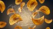 © kainat8888 - Crispy plantain chips floating in air with a delicate sugar web, a delicious and eye-catching snack perfect for food blogs and culinary promotions