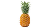 Whole ripe pineapple with green leaves and textured yellow skin fruit isolated on transparent background.