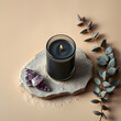 © BW Visuals - Elegant Black Scented Candle with Amethyst Crystals and Eucalyptus Branch on Natural Stone Base