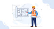 © Nara - Architect explaining building blueprint and floor plan, construction project planning, vector illustration