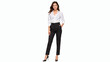 © Vyatcheslav - Full length portrait of confident businesswoman standing on white background. Smiling young female executive in white shirt and black trousers. Corporate professional career concept
