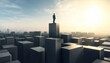 © Abu - Man standing on top of a tall building block looking over a cityscape at sunset with businessman standing building leadership aspiration silhouette opportunity challenge motivation