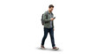 © 3kaaaju - Young man walking casually while looking at his smartphone and carrying a backpack, isolated on a white background.