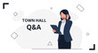 © Ratih - Woman in headset with clipboard for Town Hall Q&A, modern flat illustration style