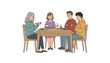 © Afsana - Family sitting at a dinner table with wine glasses looking upset and arguing during a tense meal with crossed arms and unhappy facial expressions.