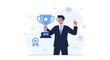 © Sean - Businessman with VR headset holding a trophy, celebrating success and innovation in virtual reality