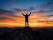 © Linda - Hiker silhouette celebrating on mountain summit during vibrant sunset in cinematic landscape shot for motivational leadership marketing