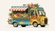 © Justlight - Medium shot of a vibrant illustrated retro food truck serving Mediterranean cuisine crisp edges and colorful ingredients in sharp focus against a clean white background.