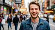 © ArtFocus Studio - Happy man with rainbow pride pin on denim jacket standing in blurred city street