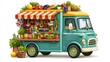 © Justlight - Medium shot of a vibrant illustrated retro food truck serving Mediterranean cuisine crisp edges and colorful ingredients in sharp focus against a clean white background.