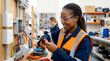 © Len_mik - Female electrician apprentice working with wire crimpers. Smiling Black woman in safety vest during vocational training. Adult education and trade school concept