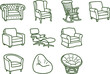 © ROUSHONARA - Collection of various armchair and sofa furniture in a simple dark green line style on a plain white background, for interior