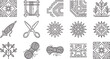 © Samia Babu - Linear set displaying weaving tools, yarn, scissors, decorative patterns, floral motifs, and textile craft equipment for rug making