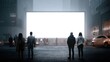 © The Little Hut - Diverse group of people observe a large, blank digital billboard screen in a foggy urban nighttime cityscape with cars and buildings