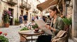 © Felippe Lopes - Woman reading newspaper at outdoor cafe table with coffee and water in a charming European street