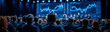 © pattozher - The Stock Market Presentation: A crowded room of business professionals intently watch a large, illuminated screen displaying complex stock market charts and data.