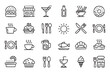 © Icon Nest - Food delivery outline icons, restaurant menu items, takeaway meals, beverages, noodles, desserts, cutlery, and mobile ordering elements