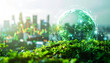 © ezra - Eco-futuristic Metropolis: A vibrant, glowing planet Earth, intertwined with a network of digital connections, sits atop lush greenery.