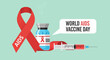 © Nazhwa - Vector illustration for World AIDS Vaccine Day including a red awareness ribbon, medical syringe, vaccine vial with blue liquid, and text bubble on a plain light green background.