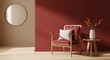 © Md - Red armchair with white pillow and vase of flowers on wooden side table against red wall wooden chair