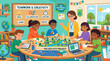 © BG - Children collaborate on eco city project with teacher in classroom.