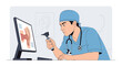 © topik - Doctor using otoscope on computer screen showing ear anatomy, medical consultation