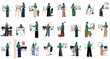 © Wei - Collection of flat vector illustrations featuring a professional businesswoman analyzing financial data, market charts, and trading on multiple computer monitors in various office settings.