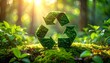 © ruangrit19 - A vibrant moss covered recycling symbol placed in a sunlit forest clearing representing environmental sustainability and eco friendly practices.