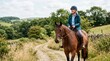 © Xenia - Senior woman horseback riding in the countryside. Elderly woman wearing a helmet on a horse