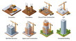 © K.M.MASUM - Isometric construction development stages and building process with real estate construction building isometric development architecture infrastructure engineering industry planning progress